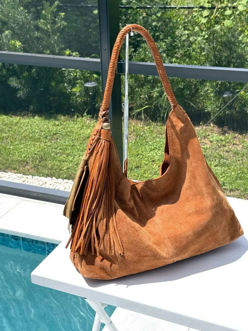 Vilenca Holland Suede Slouchy Hobo Shoulder Bag Cognac Boho Whipstitch Tassl NWT